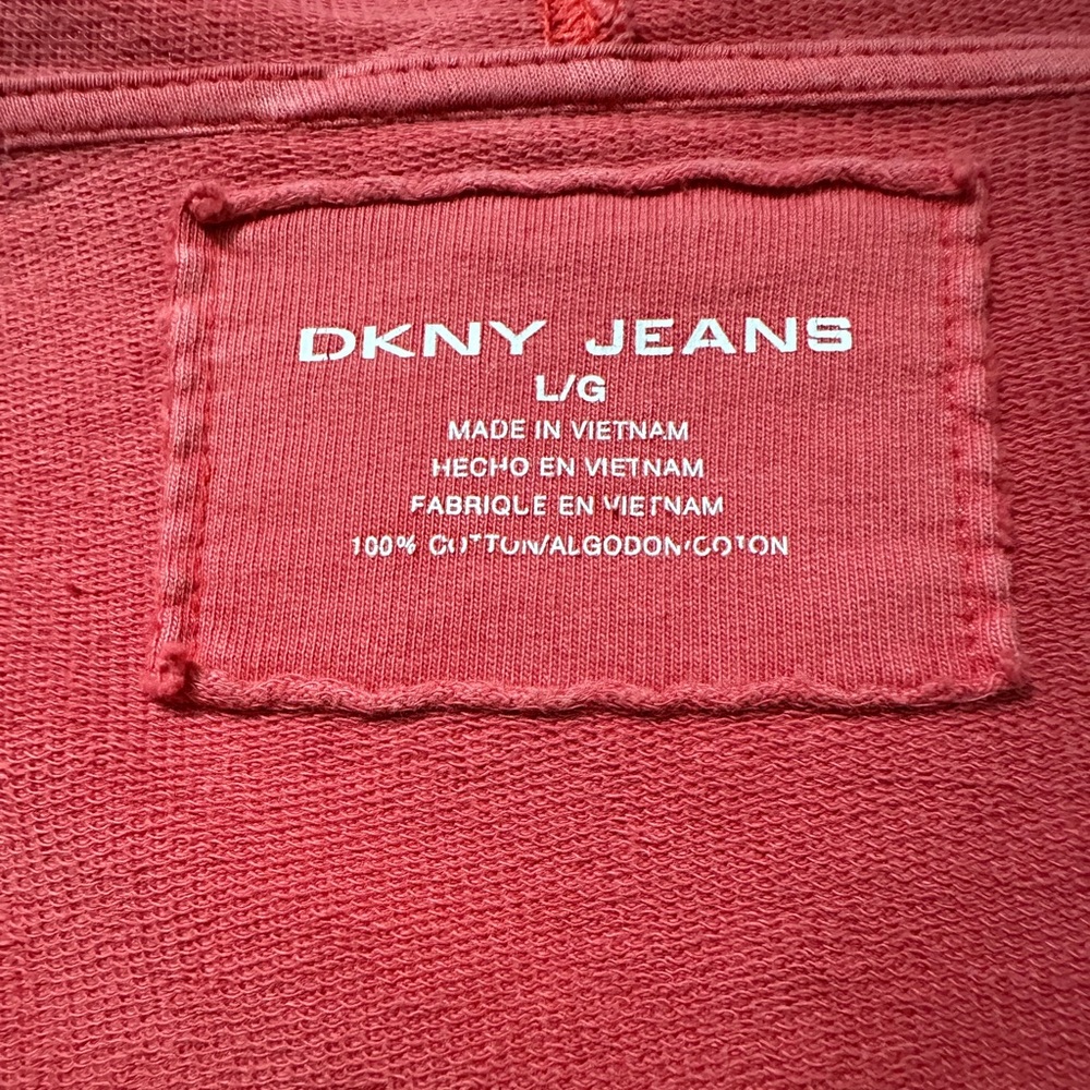 DKNY Jeans Deep Coral Front Lace Overlay Hooded Sweatshirt, Size L - Picture 5 of 10